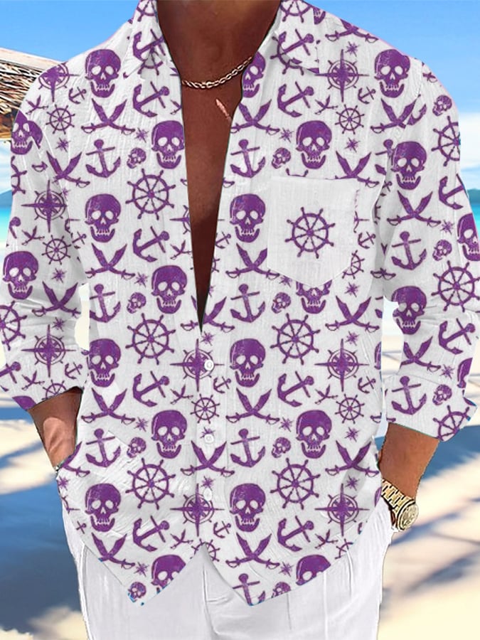 Camisa Nautical Design estampado Lapel Pocket casual para hombre
