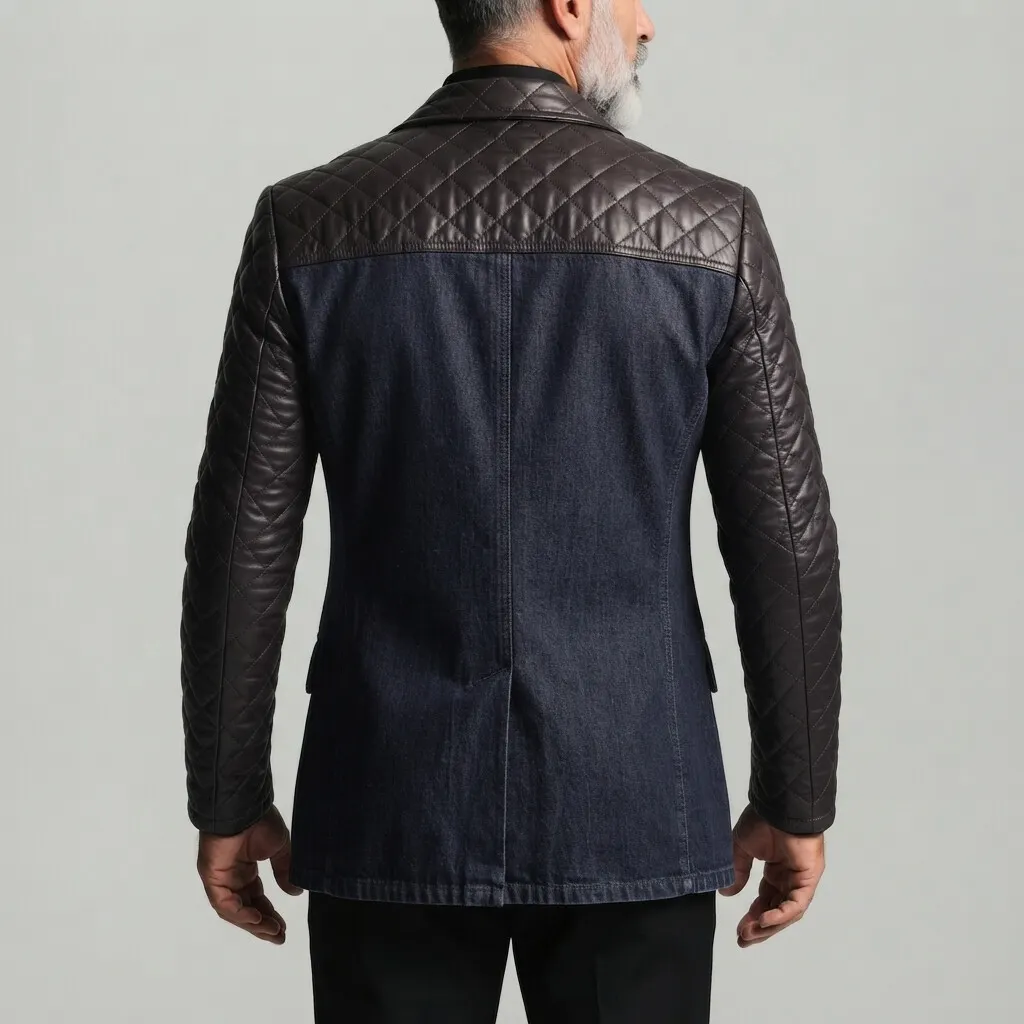 para hombre de moda Peak Lapel Double Breasted Quilted PU Leather Contrast Spliced Denim saco