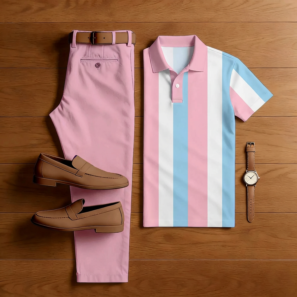 Conjunto de dos piezas casual Pink And Blue a rayas estampado de manga corta camisa polo And Trousers para hombre