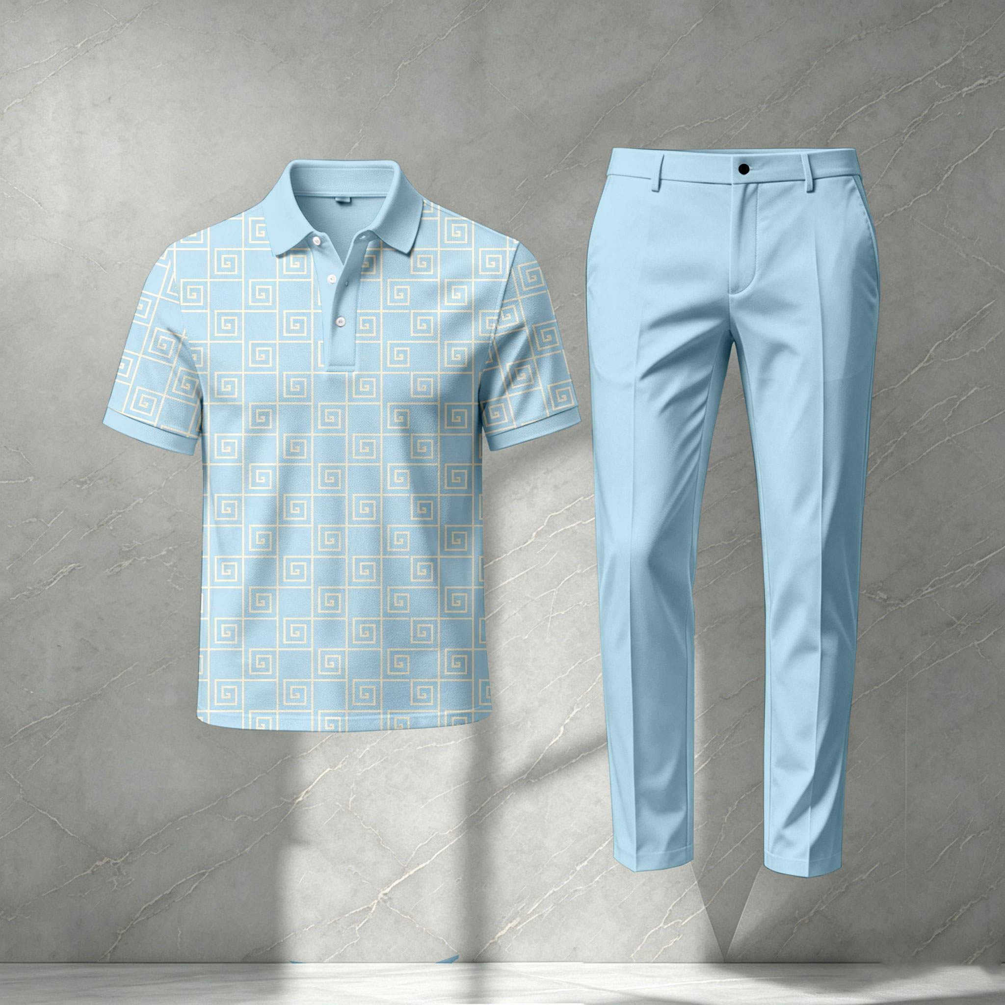 para hombre Light Blue Checkered Print de manga corta camisa polo and pantalón Set