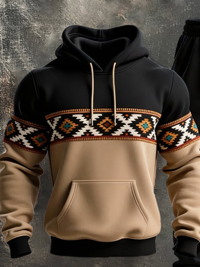 Sudadera retro desgastado Contrast Color Hooded casual Set para hombre