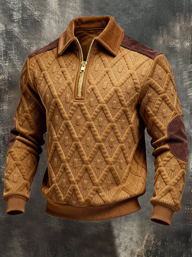 Sudadera retro jacquard texturizado Patchpara trabajo Comfortable Color-Blocked con cierre para hombre