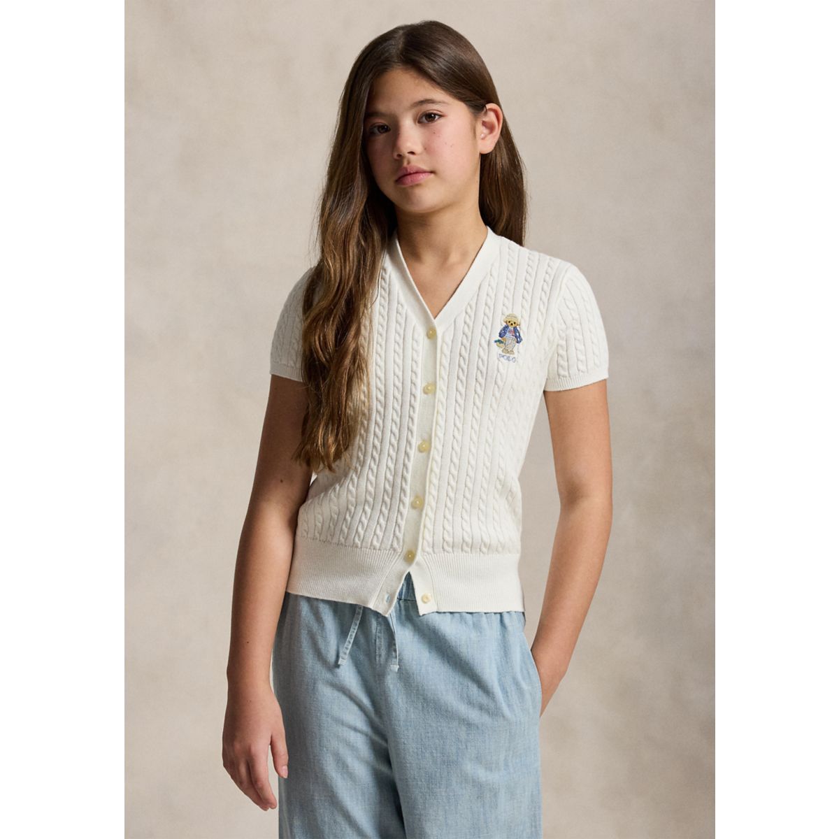 Girls 7-16 Polo Bear Cable Cotton V-Neck Cardigan - 1