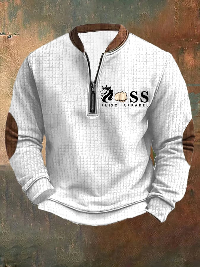 Sudadera retro Letter Design estampado cierre cuello Square jacquard para hombre