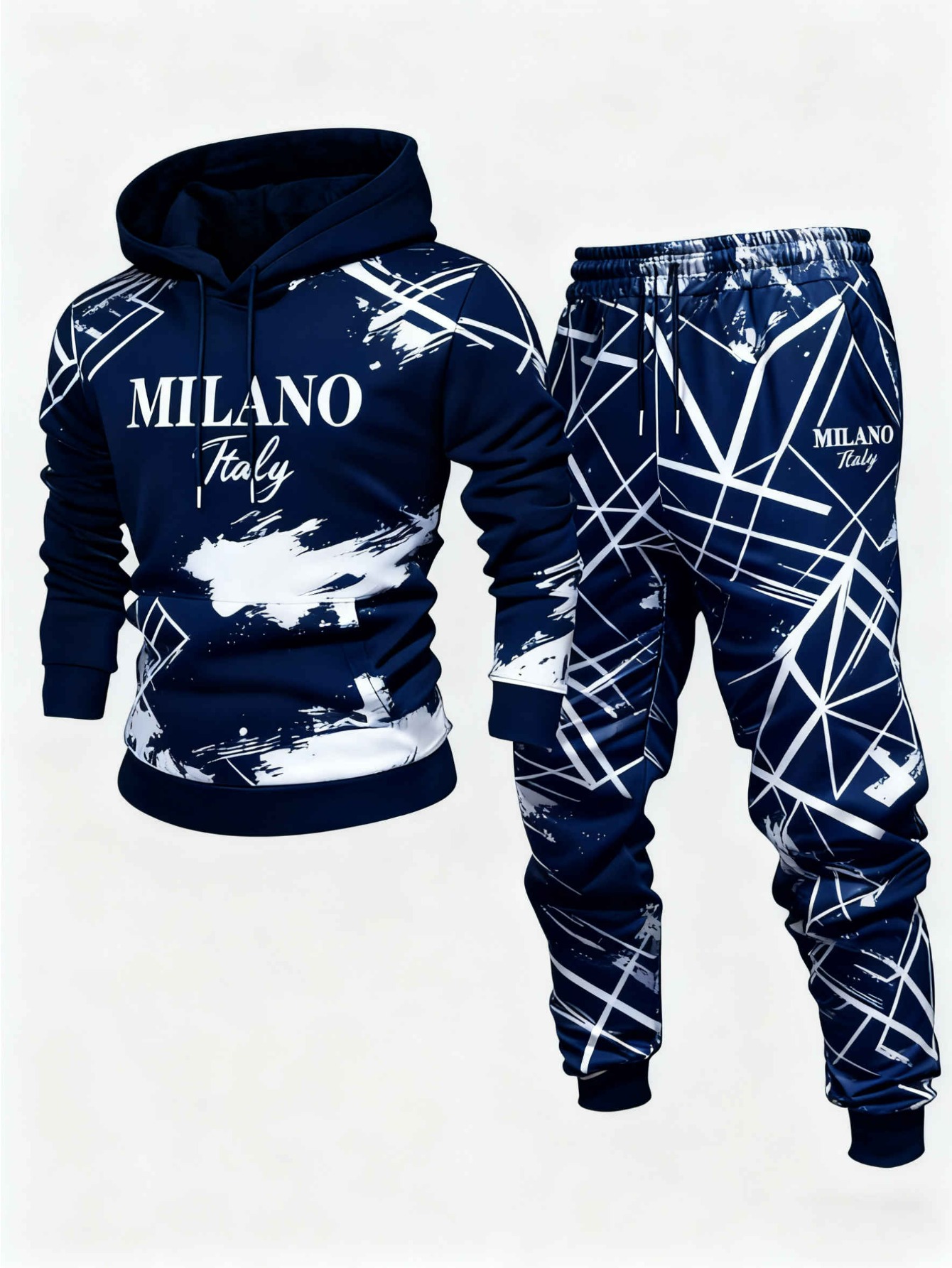 Conjunto de dos piezas casual Navy Blue & White Color Geometrc estampado sudadera con capuchas de manga larga sudaderas & Sweatpantalón para hombre