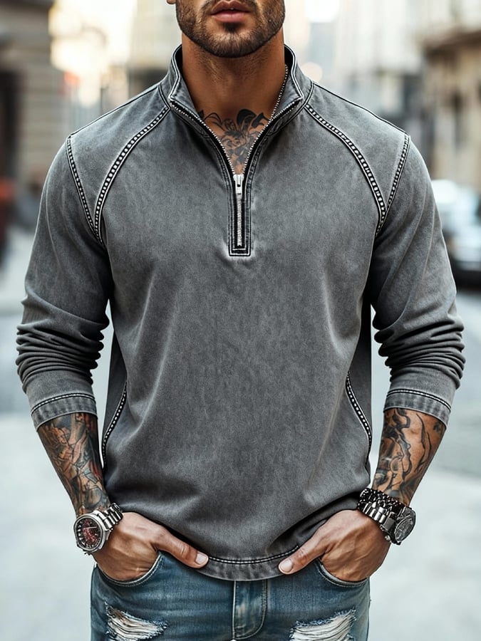 Sudadera vintage Washed and desgastado para exterior con cierre con gorrasucha para hombre