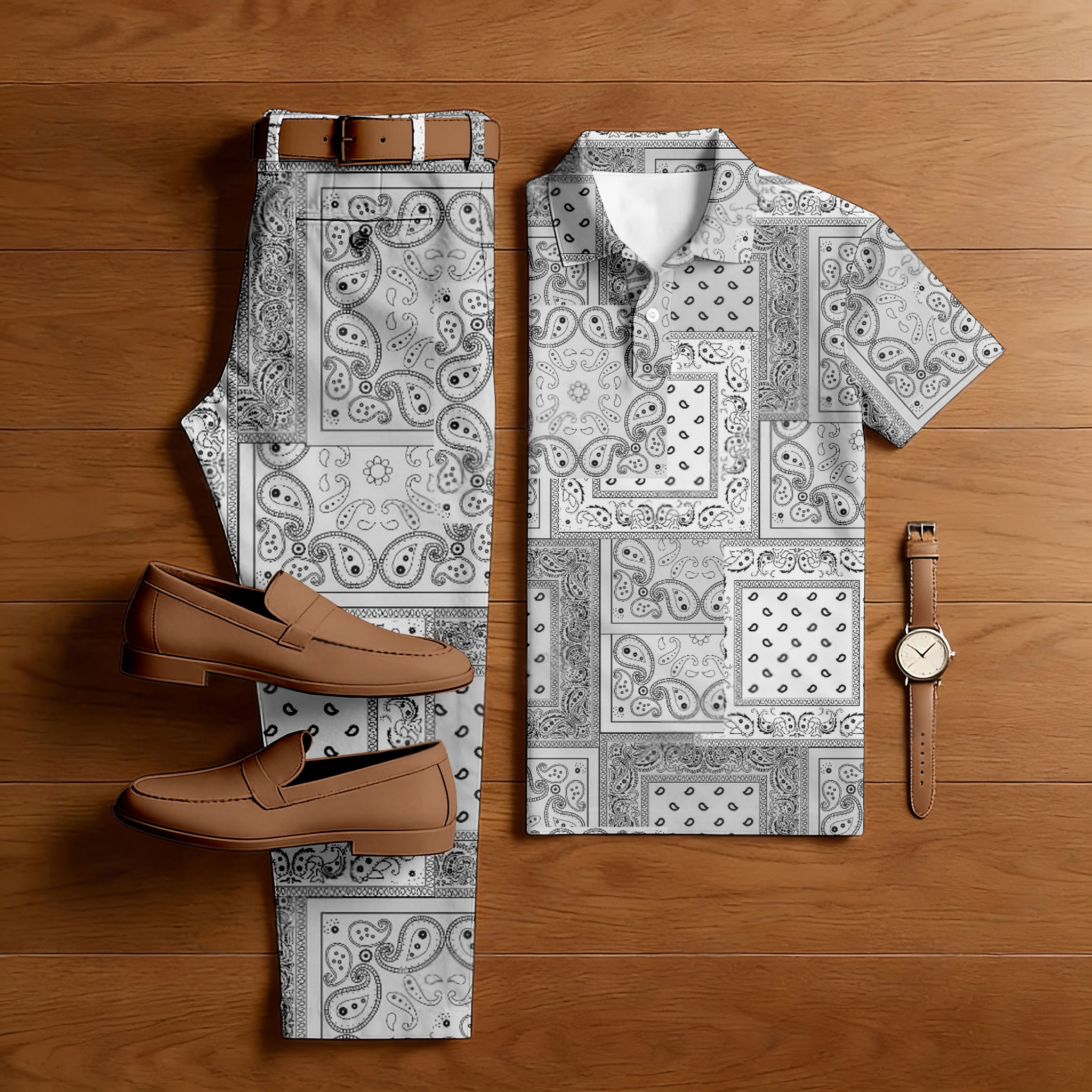para hombre casual Gray Color Matching Ethnic Style floral estampado de manga cortad camisa polo & Trousers conjunto de dos piezas