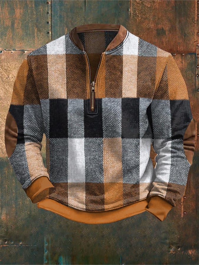 Sudadera retro Western texturizado estampado cierre Neck tejido para hombre