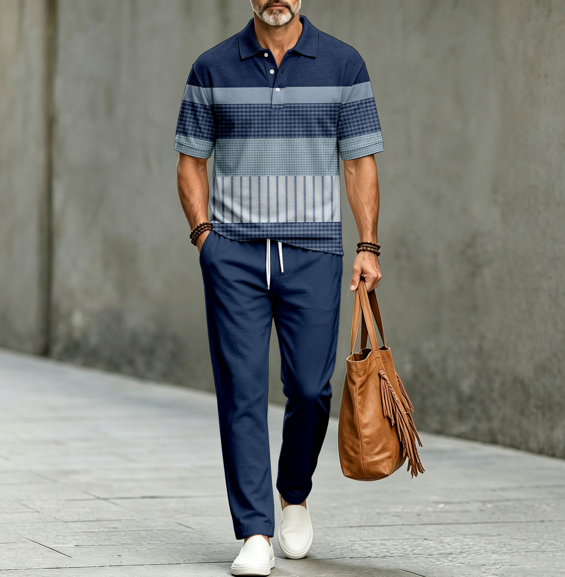 Conjunto de dos piezas casual a rayas Patchpara trabajo-estampado de manga corta camisa polo and pantalón (Does Not Include Accessories Such As Watches Or Glasses) para hombre