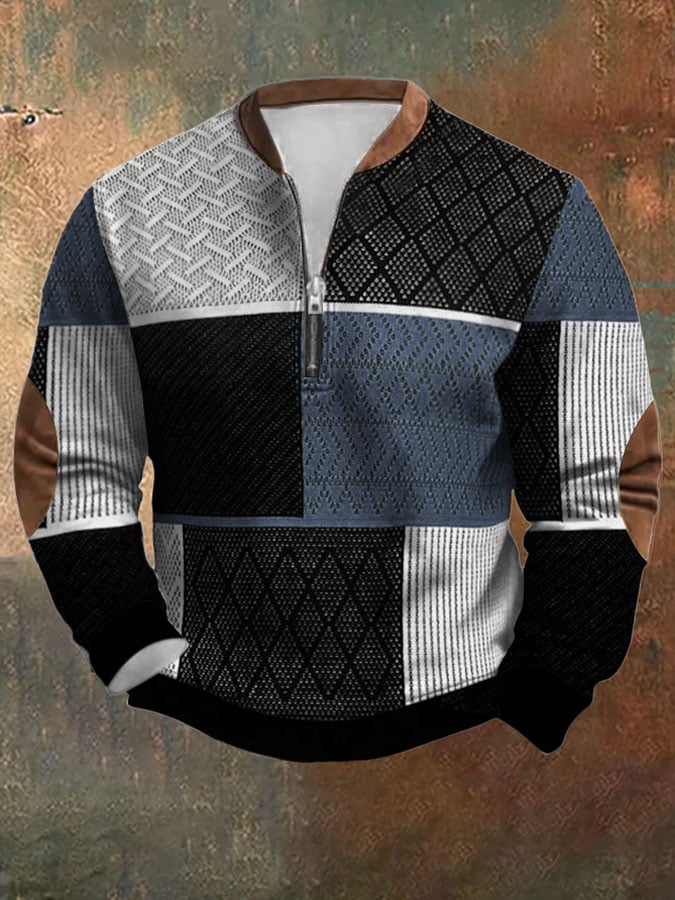 Sudadera retro Western texturizado estampado Zip cuello para hombre