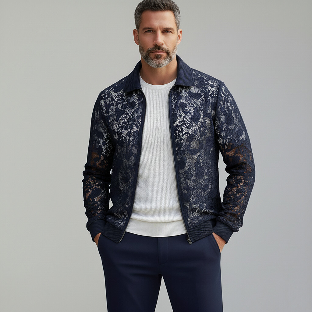Chaqueta elegante Midnight Blue Guipure Lace Ribbed Cuffs Turndown Collar Zipper para hombre