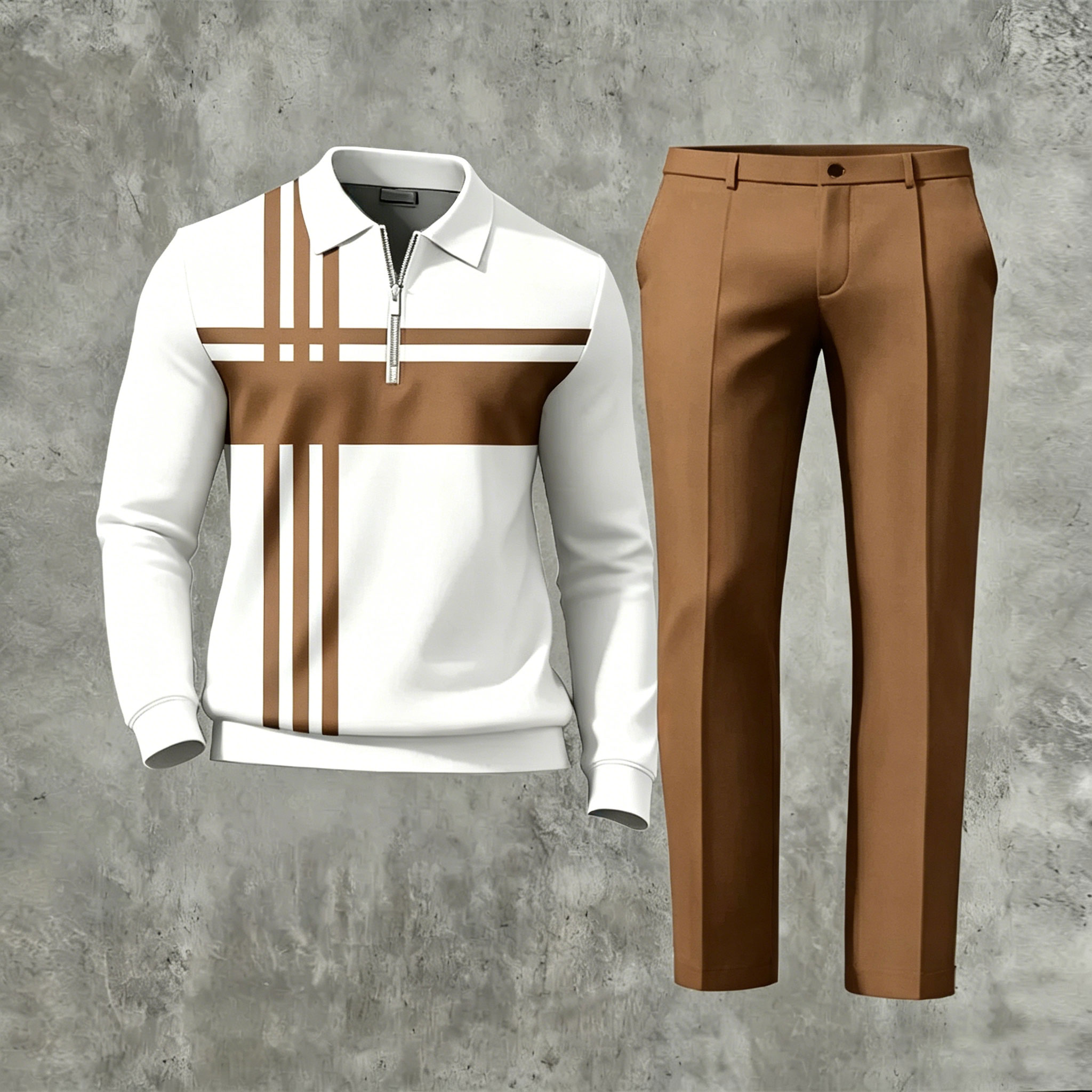 Conjunto de dos piezas casual Brown Geometry estampado de manga larga And pantalón para hombre