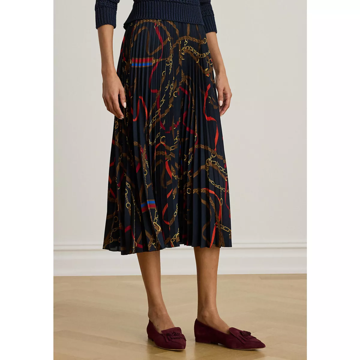 Women's Belting-Print Pleated Georgette Skirt - 1