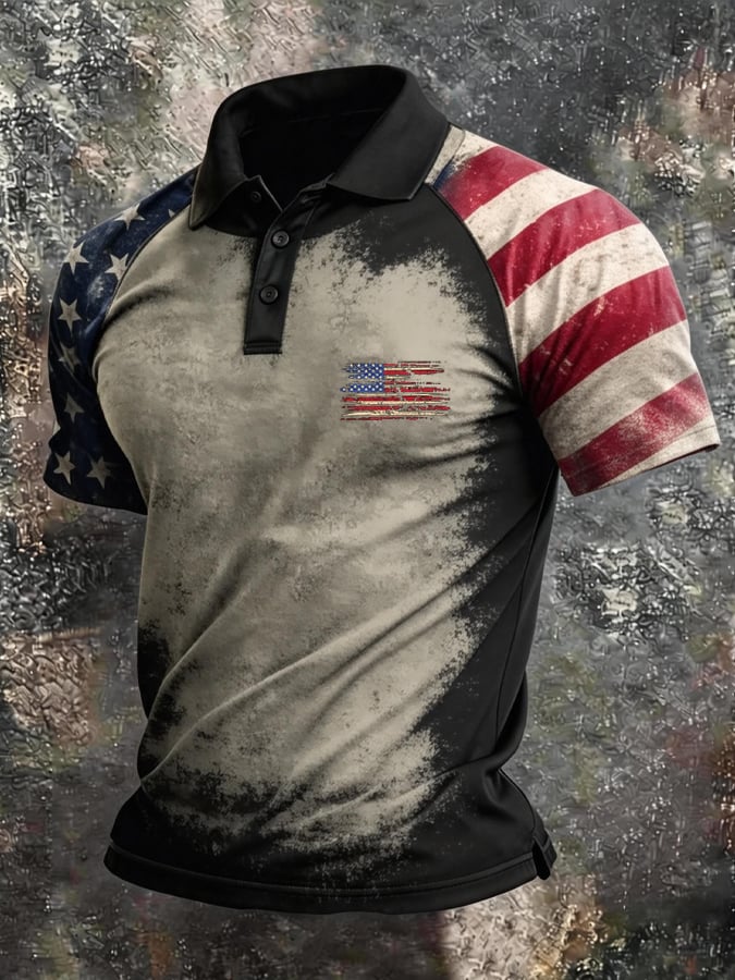 Retro Patriot en bloques de color Polo Collar de manga corta para hombre