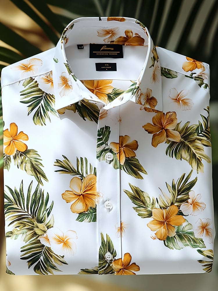 Camisa Yellow floral hawaiano ejecutivo casual solapa de manga corta para hombre