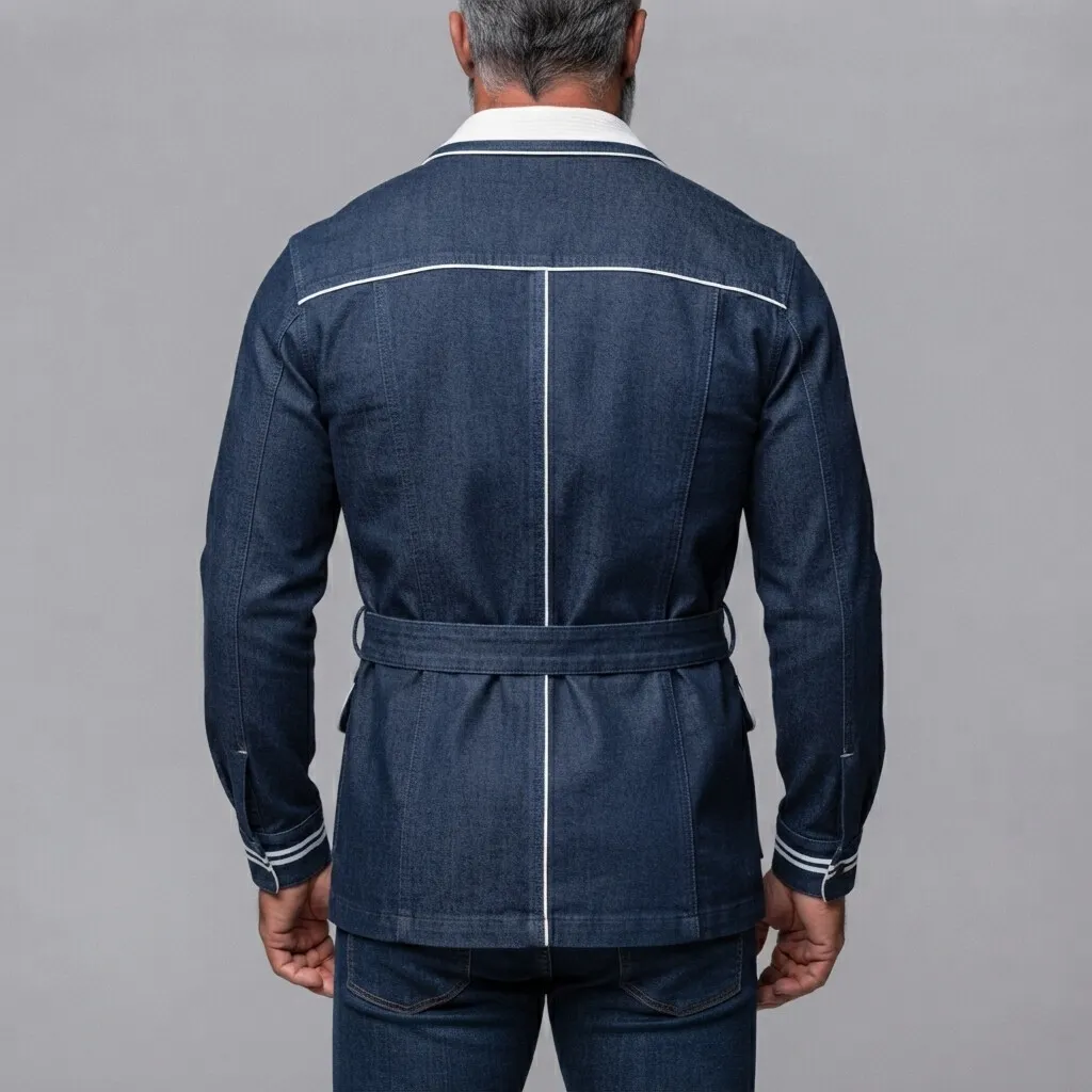 para hombre Navy Blue Denim Multi-Pockets Contrast Piping Belted con cierre Safari chaqueta