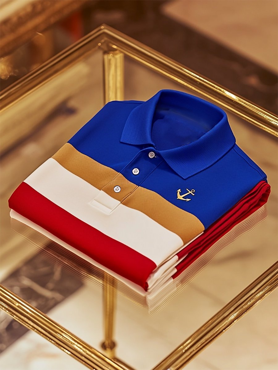 Camisa polo ejecutivo rayas Logo con botones de manga corta para hombre