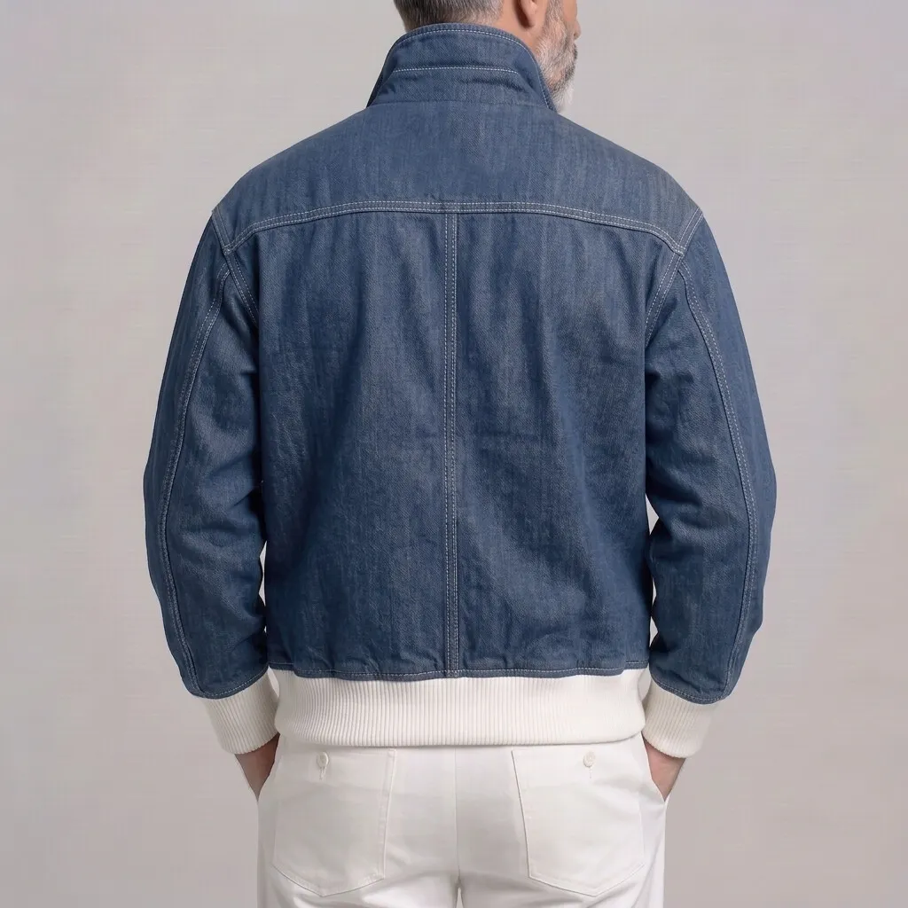 para hombre casual de color sólido Multi-Pocket Ribbed Hem con cierre Denim chaqueta
