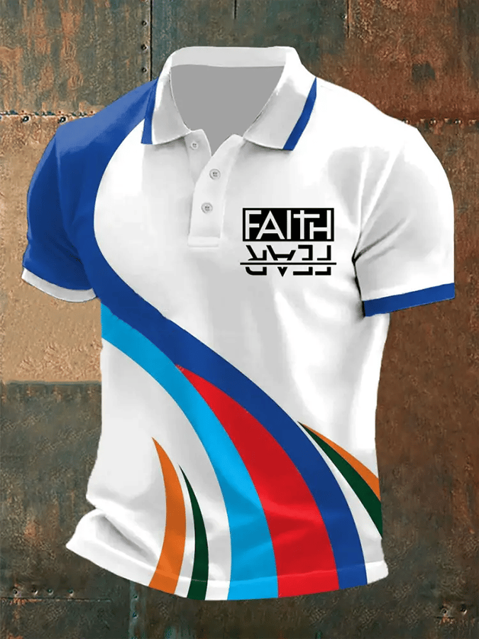 Camisa polo retro Faith “Faith Over Fear�? casual estampado para hombre