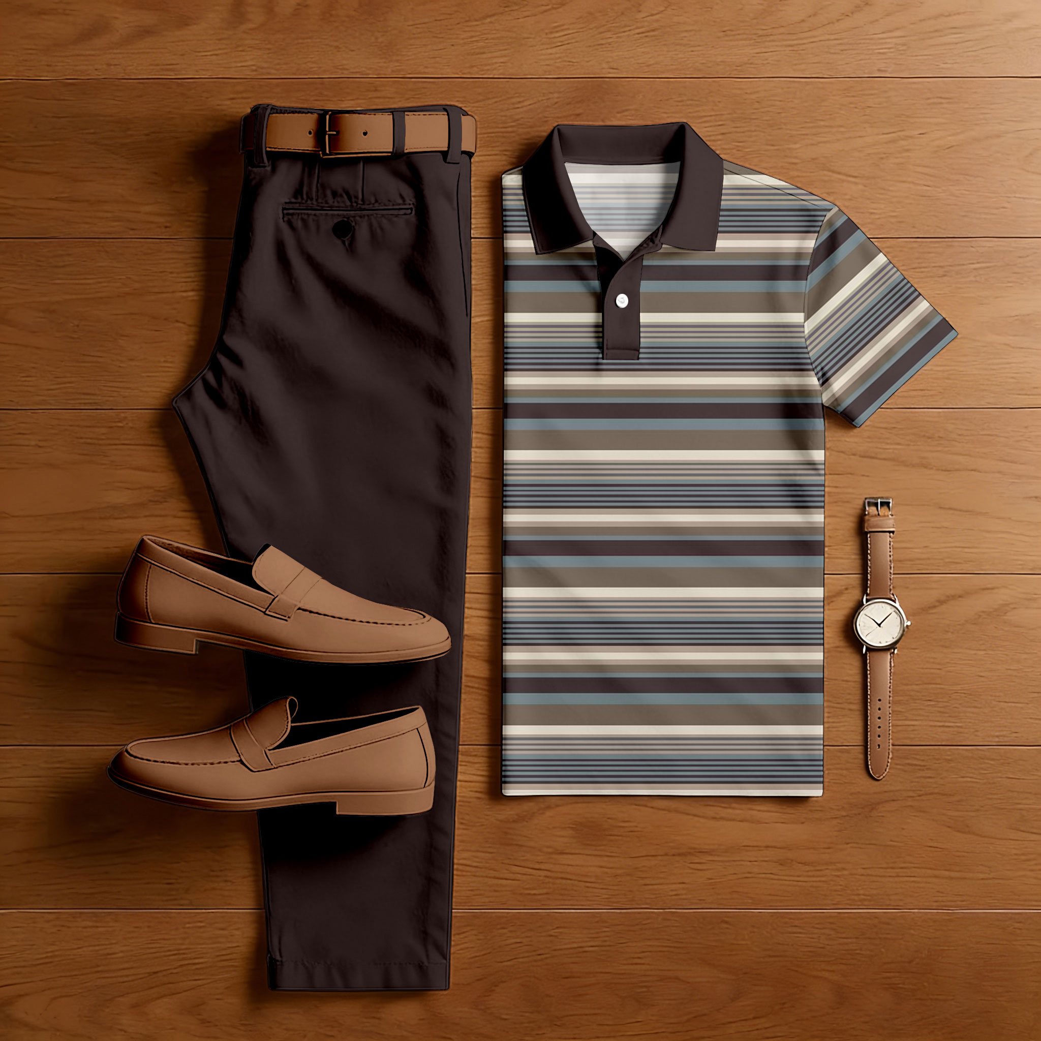 Conjunto de dos piezas casual Multi Coffee Color Matching a rayas estampado de manga corta camisa polo & Trousers para hombre