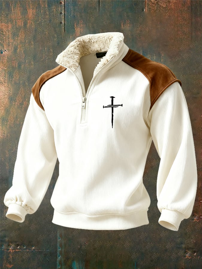 Sudadera retro Faith Cross estampado cierre Fur cuello de manga larga para hombre