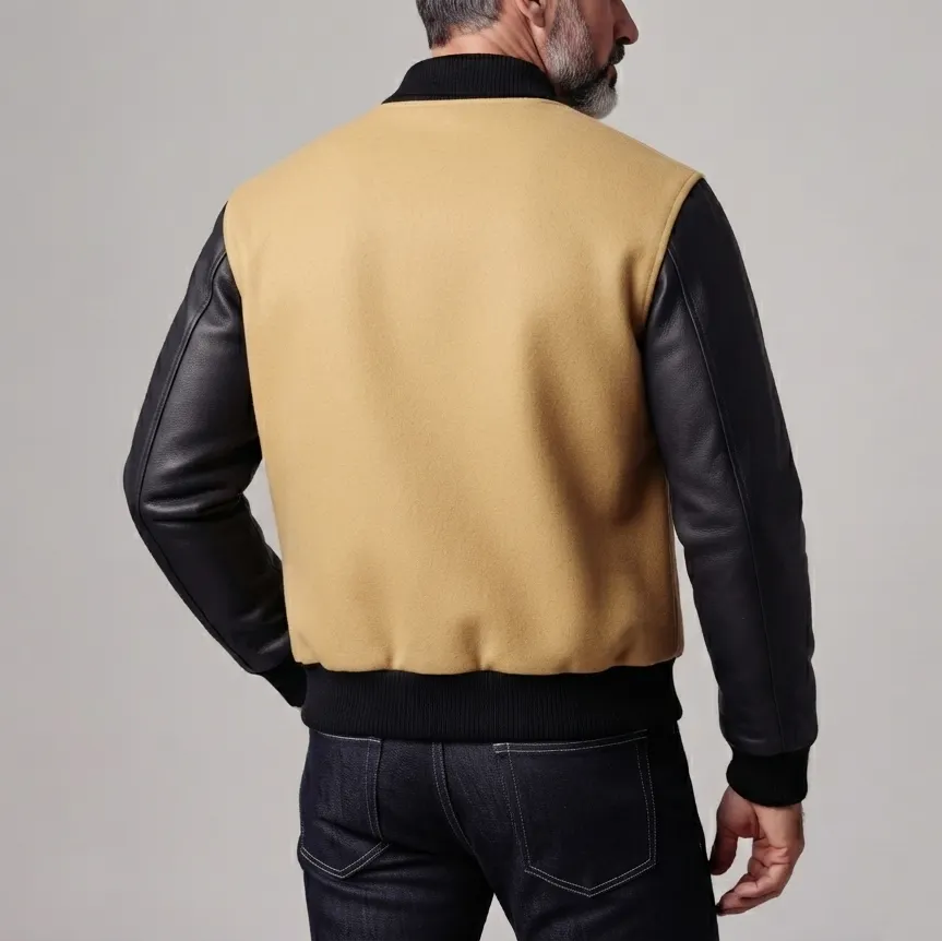 para hombre vintage Woolen Contrast Spliced PU Leather de manga larga Button Up Bomber chaqueta