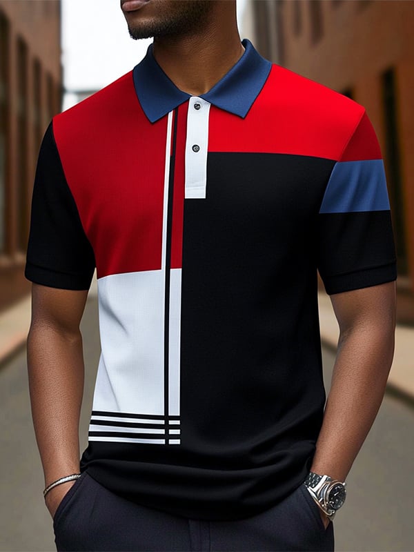 Camisa polo ejecutivo rayas Logo con botones de manga corta para hombre