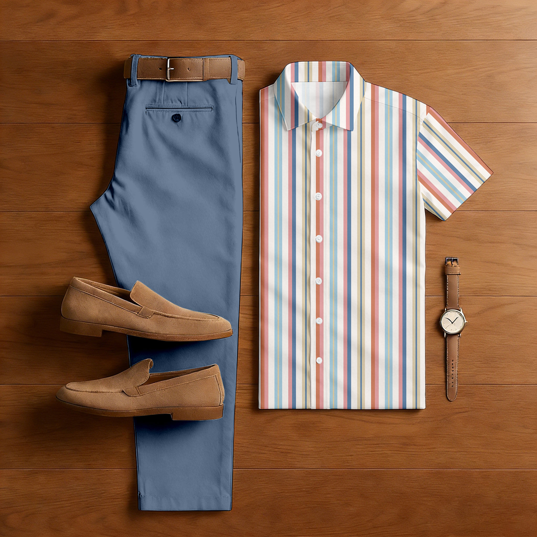 Conjunto de dos piezas casual Multi & Blue Color Matching a rayas estampado de manga corta camisa & Trousers para hombre