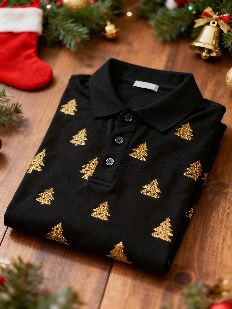 Camisa polo ejecutivo Christmas Tree Button de manga larga para hombre