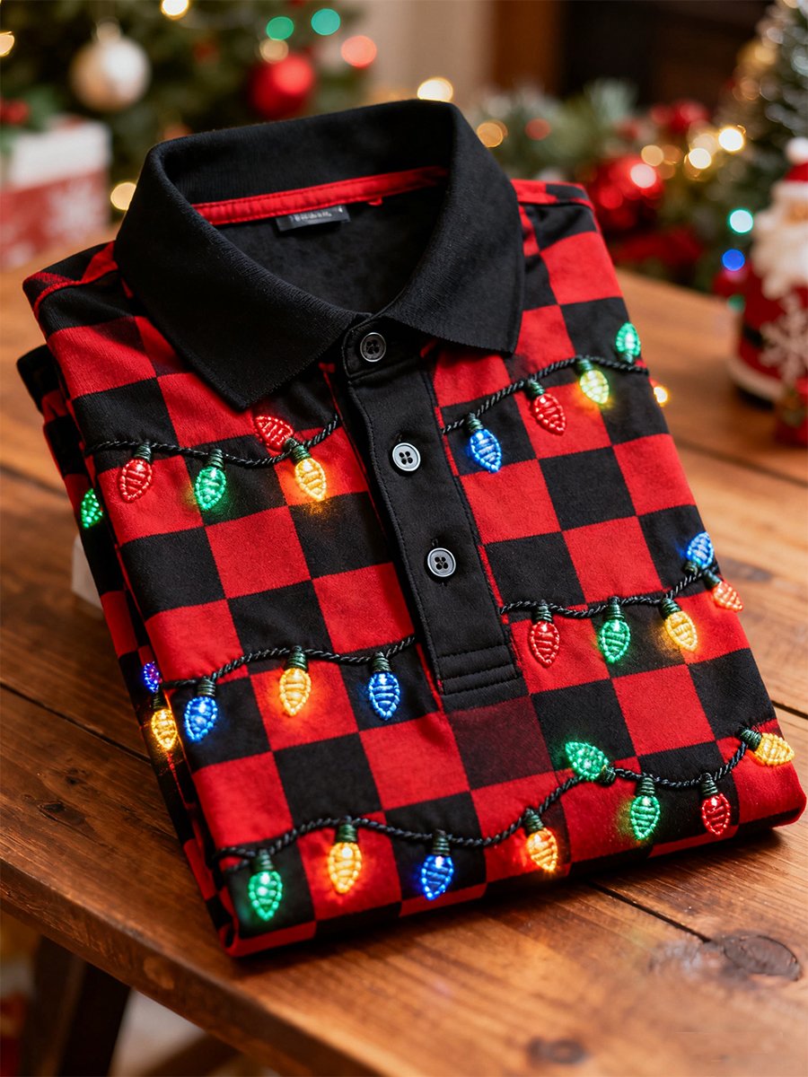 Camisa polo ejecutivo a cuadros Illuminated Button de manga larga para hombre