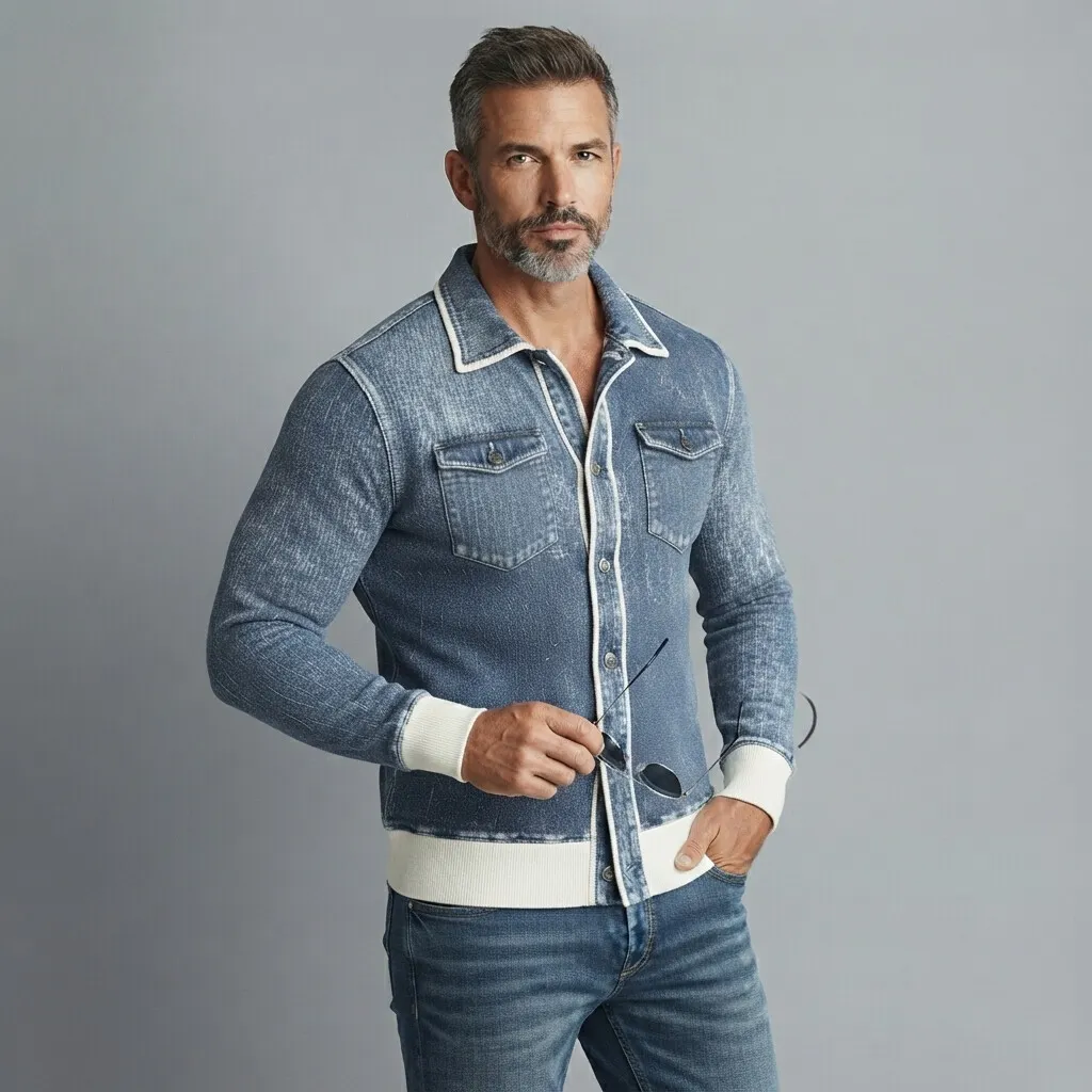 para hombre retro Denim Contrast Binding Chest Pocket de corte entallado de manga larga camisa