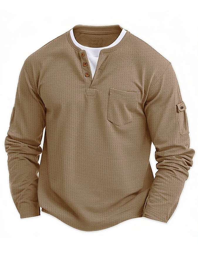 Vintage Basic Waffle de manga larga Henley para hombre