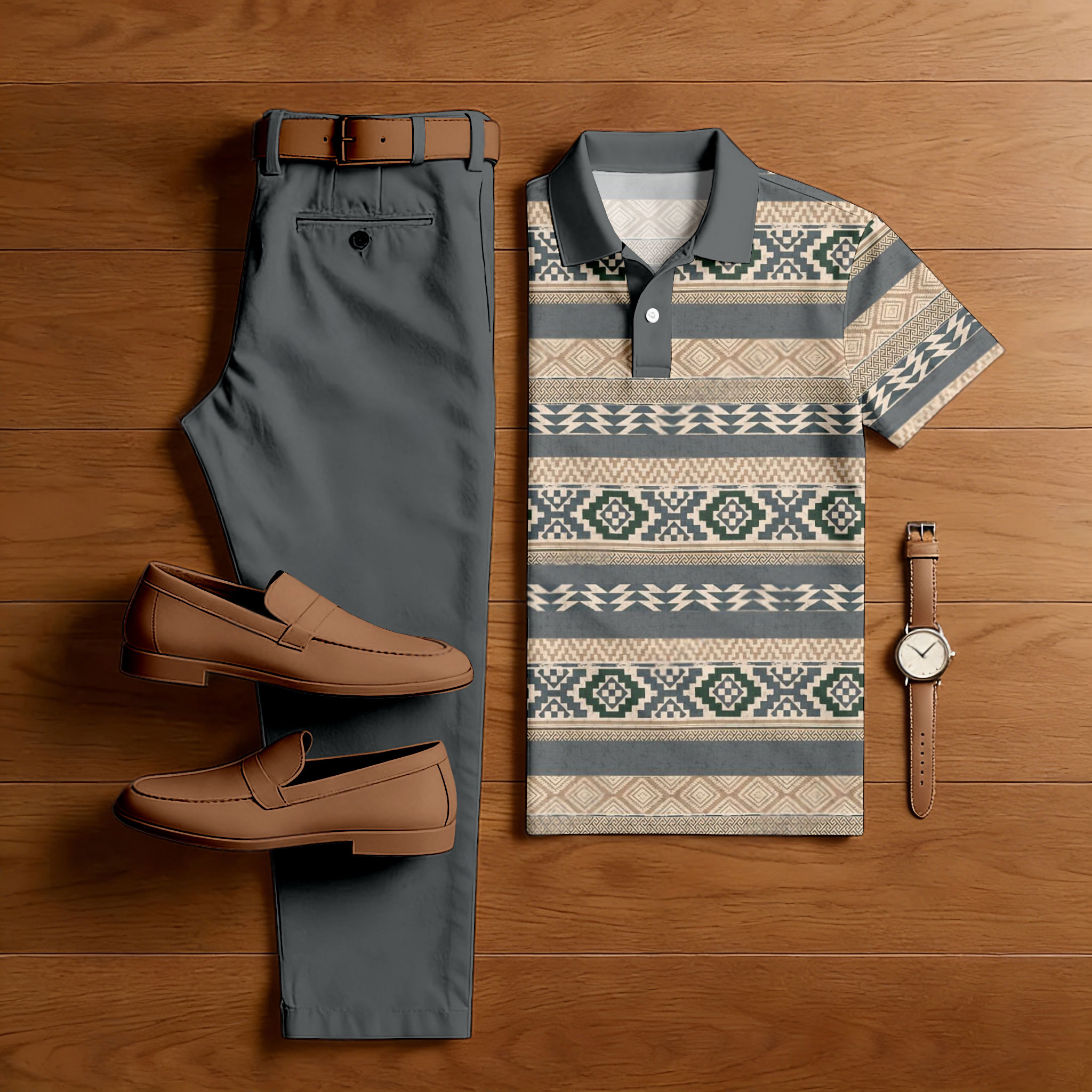 Conjunto de dos piezas casual Gray & Apricot Color Matching Ethnic Style estampado de manga corta camisa polo & Trousers para hombre