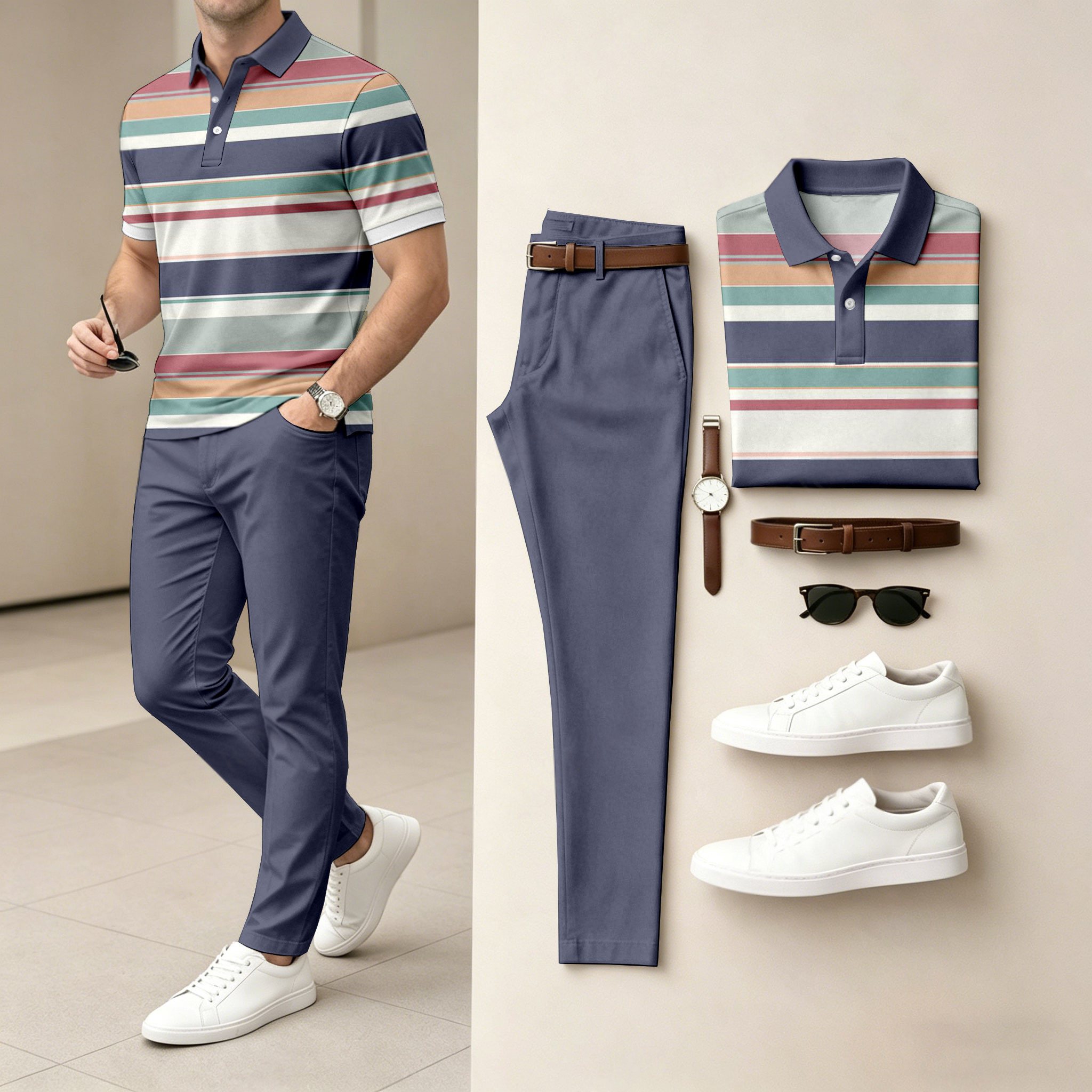 Conjunto de dos piezas casual Colorful rayas estampado camisa polo And pantalón para hombre