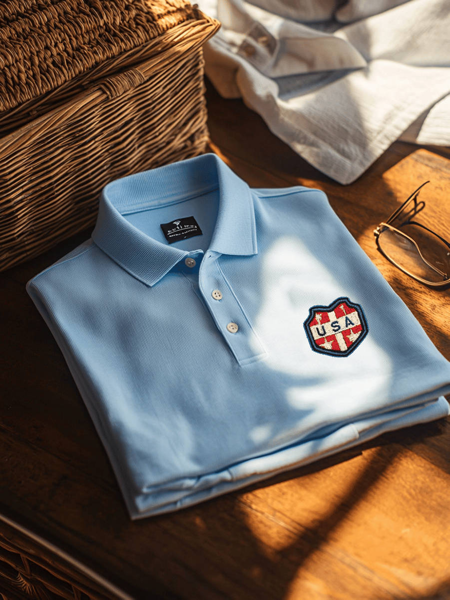 Camisa polo ejecutivo casual Independence Day Badge rayas con botones de manga corta para hombre