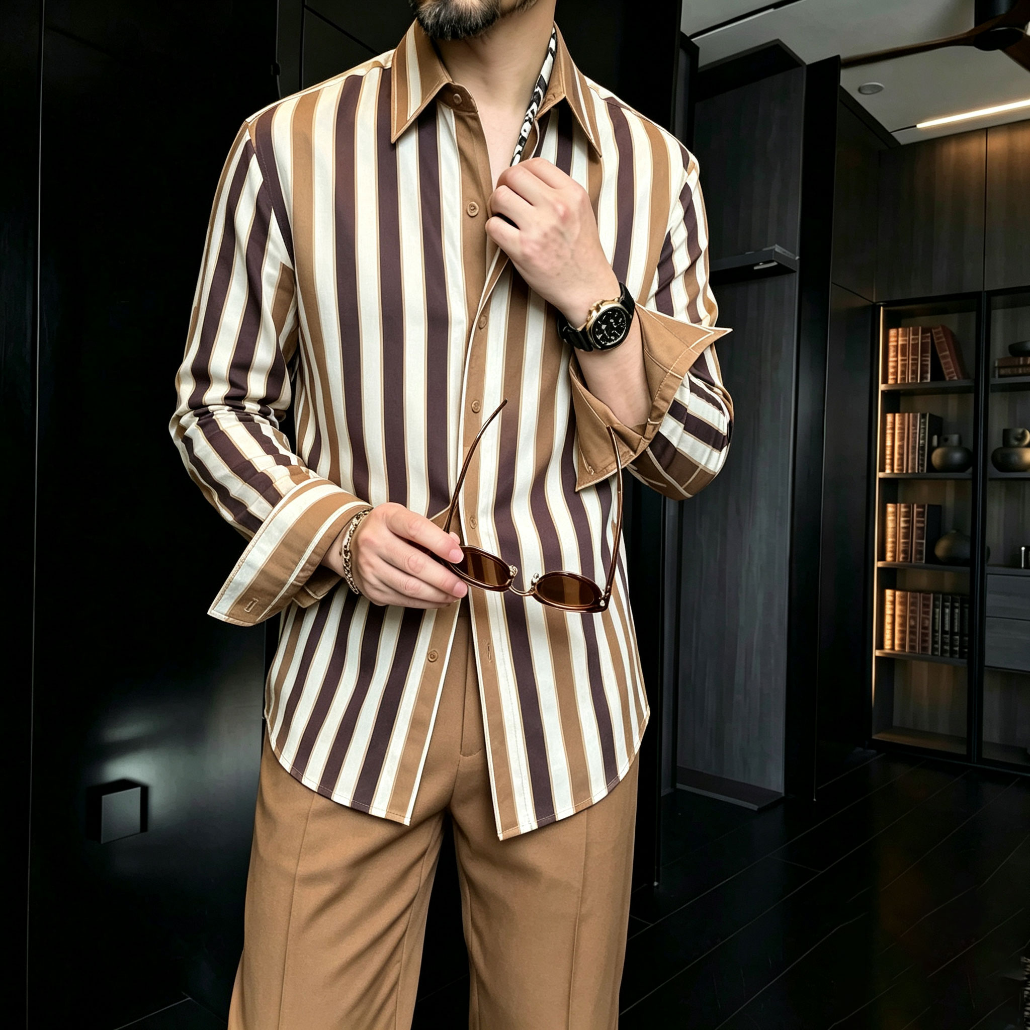 Conjunto de dos piezas casual a rayas Patchpara trabajo-estampado Lapel de manga larga camisa and pantalón para hombre