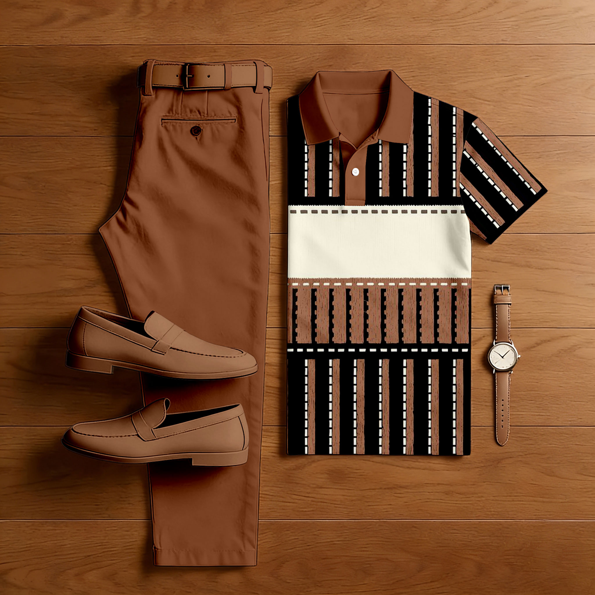 Conjunto de dos piezas casual Brown & Black Color Matching a rayas estampado de manga corta camisa polo & Trousers para hombre