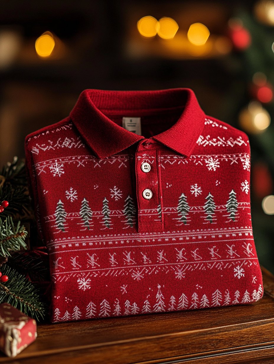 Camisa polo ejecutivo Christmas Evergreen Snowflake Button de manga larga para hombre