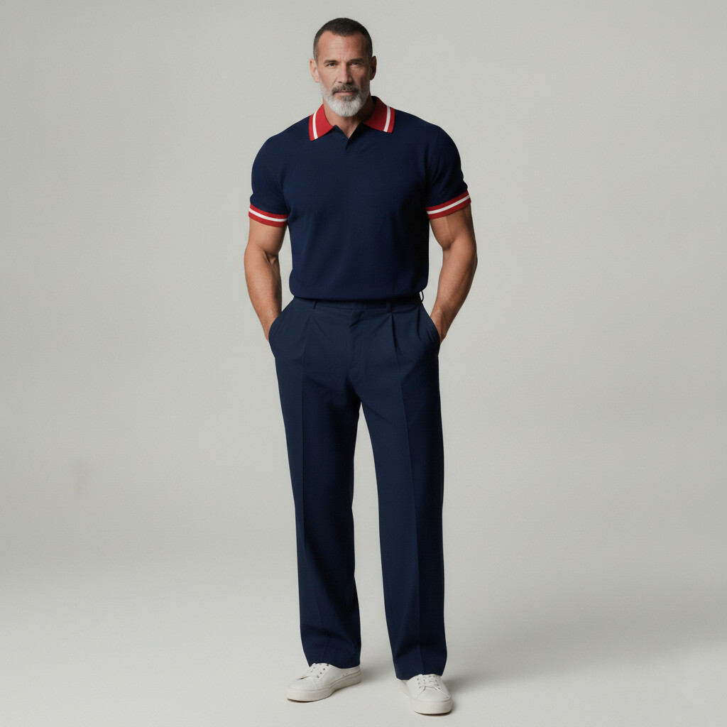 Camisa polo Navy Blue Contrast Trim Turndown Collar Back Letter Pattern para hombre