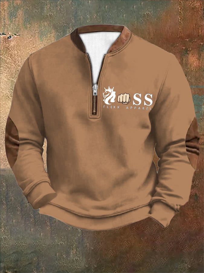 Sudadera retro Letter Design estampado cierre cuello para hombre