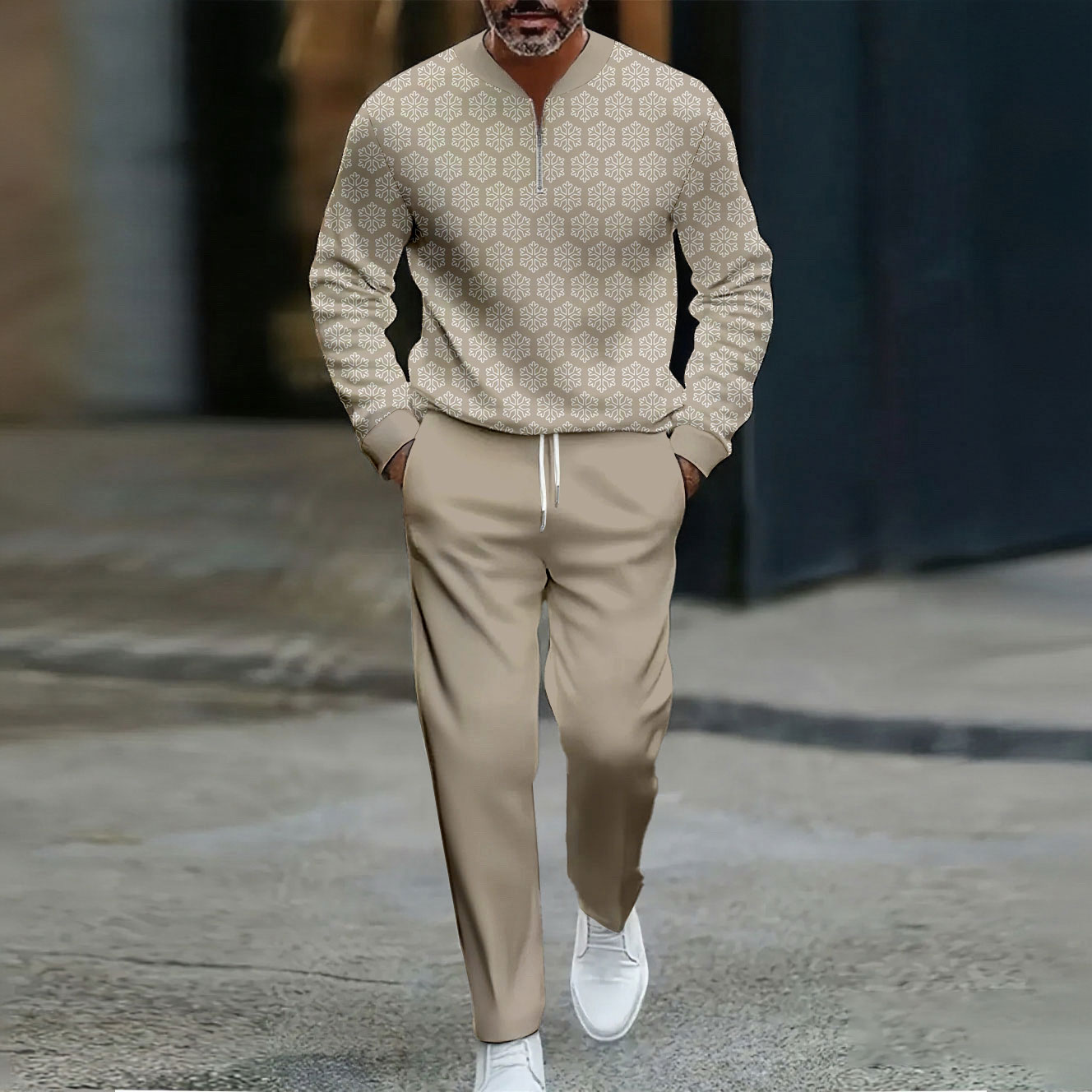 Conjunto de dos piezas casual Color Matching estampado Polo-Collar Zipper de manga larga Trousers para hombre