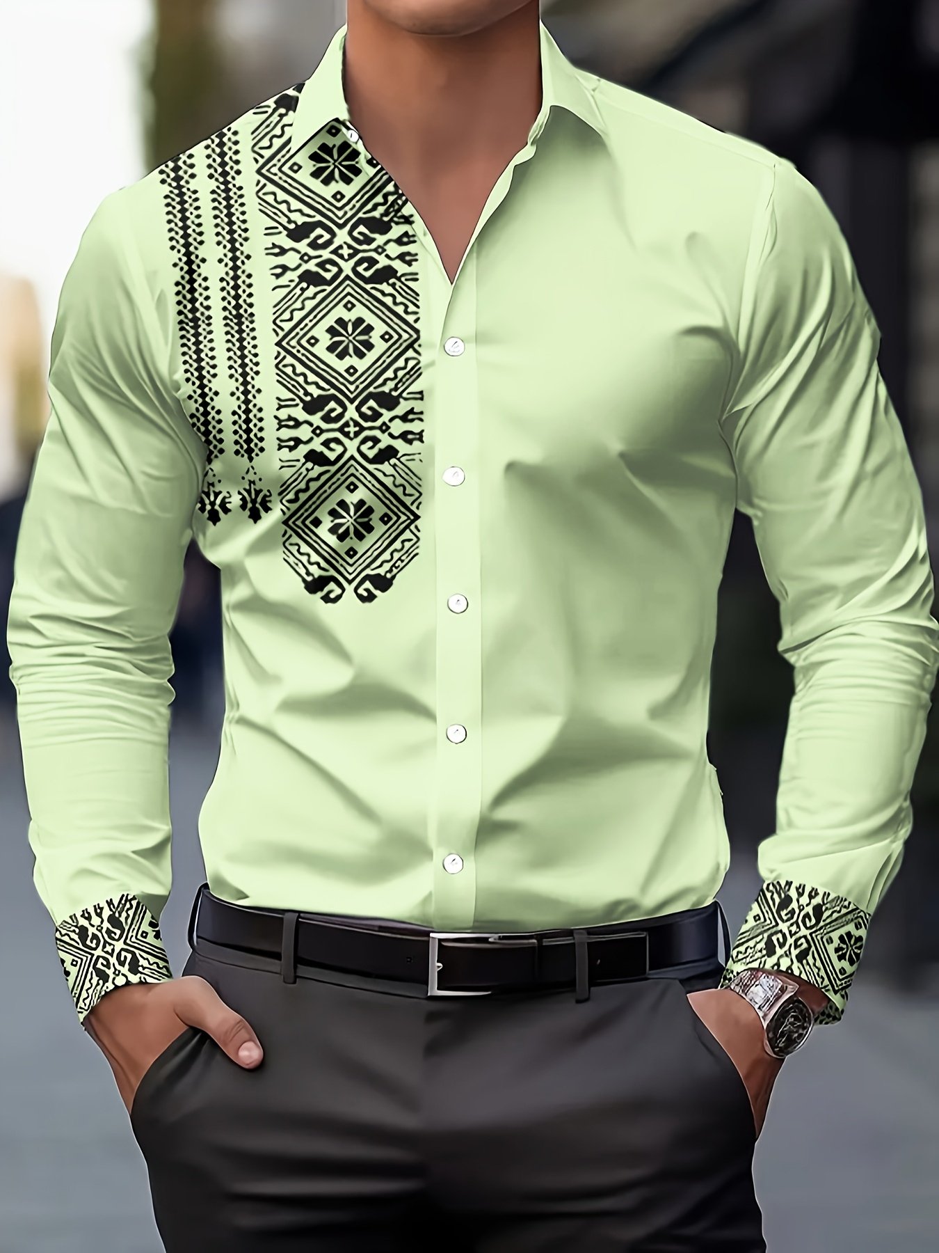 Camisa Street Style ejecutivo casual Ethnic estampado de manga larga para hombre