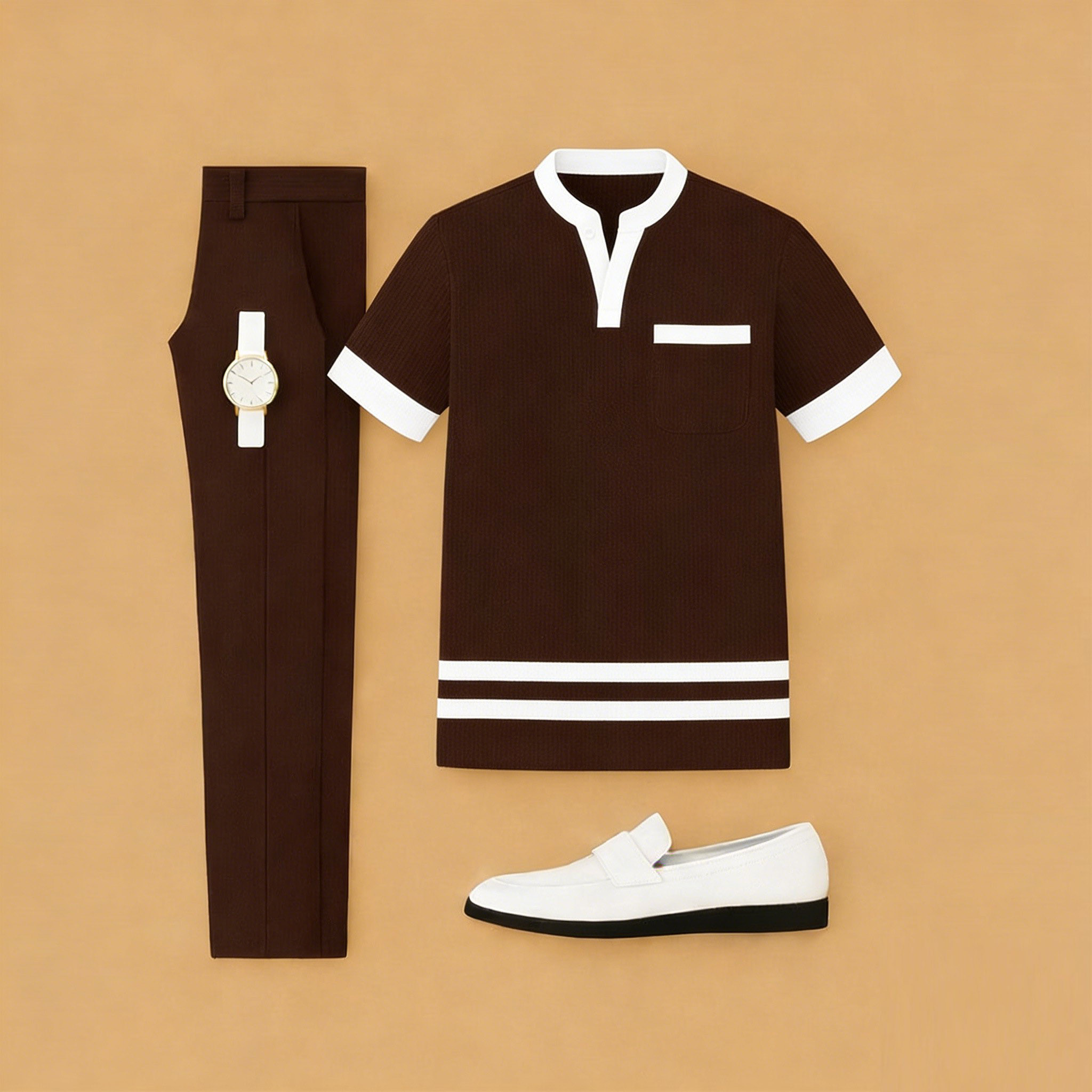 Conjunto de dos piezas casual Deep Coffee Color Matching estampado de manga corta Henry Collar camiseta & Trousers para hombre