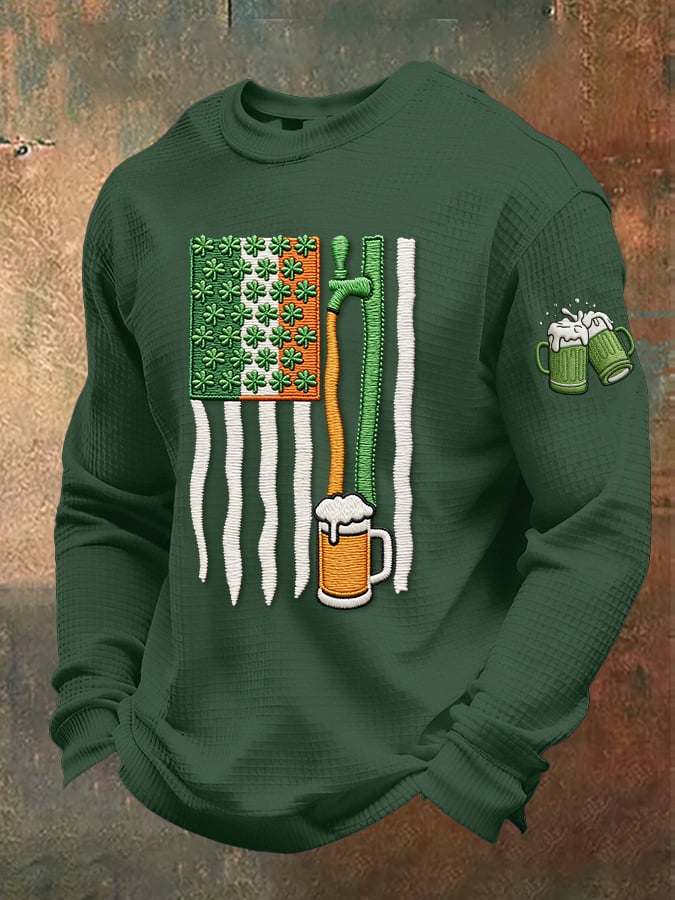 Camiseta casual St. Patrick's Day beer toast tejido tipo waffle para hombre