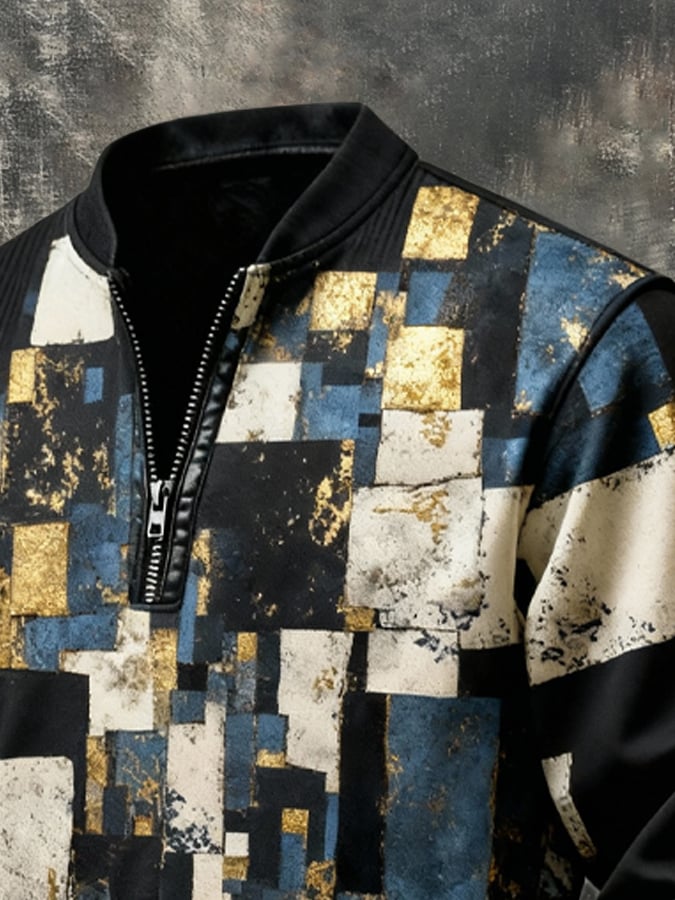 Sudadera vintage Color-Block estampado con cierre con gorrasucha para hombre