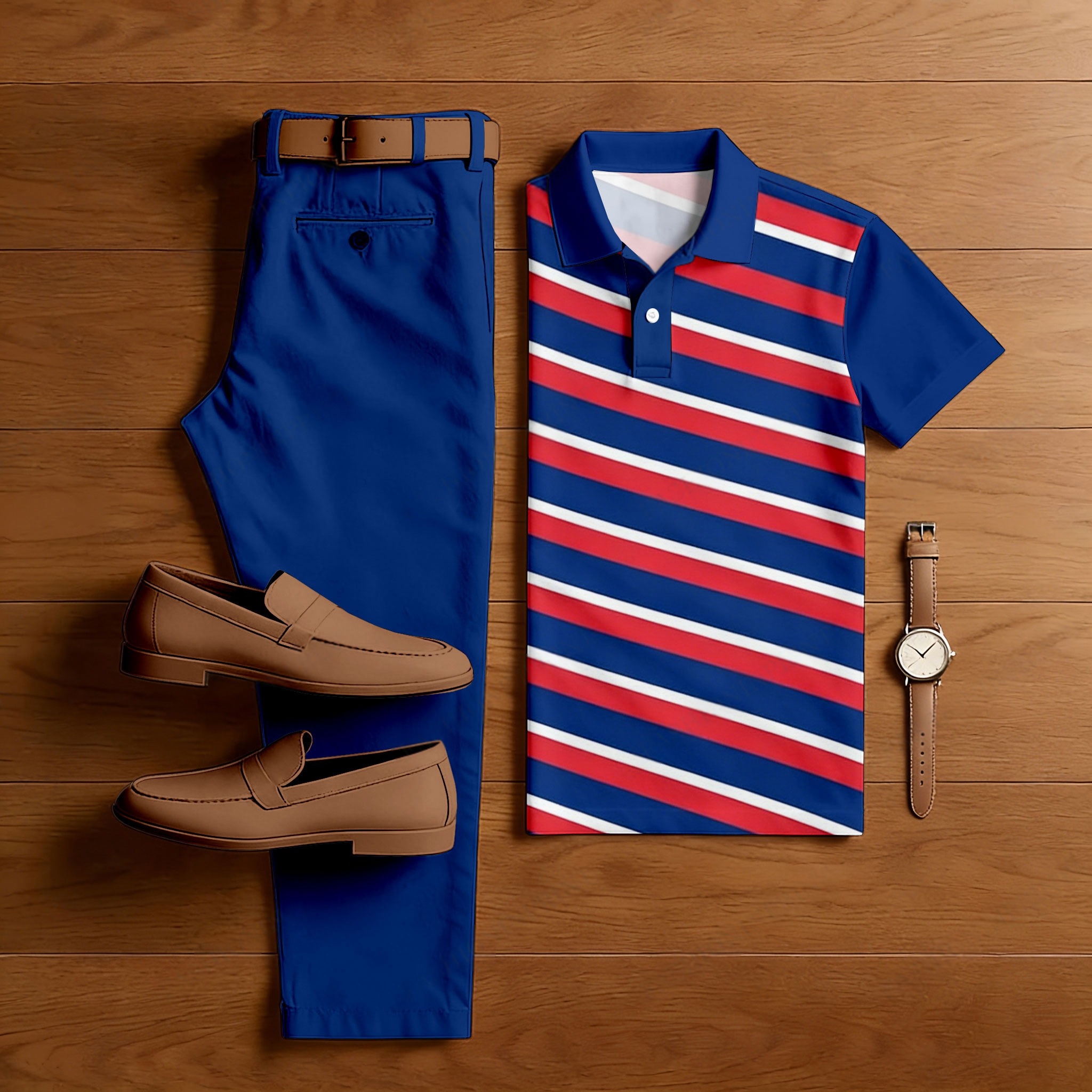 Conjunto de dos piezas casual Dark Blue & R ed rayas estampado camisa polo And Trousers para hombre