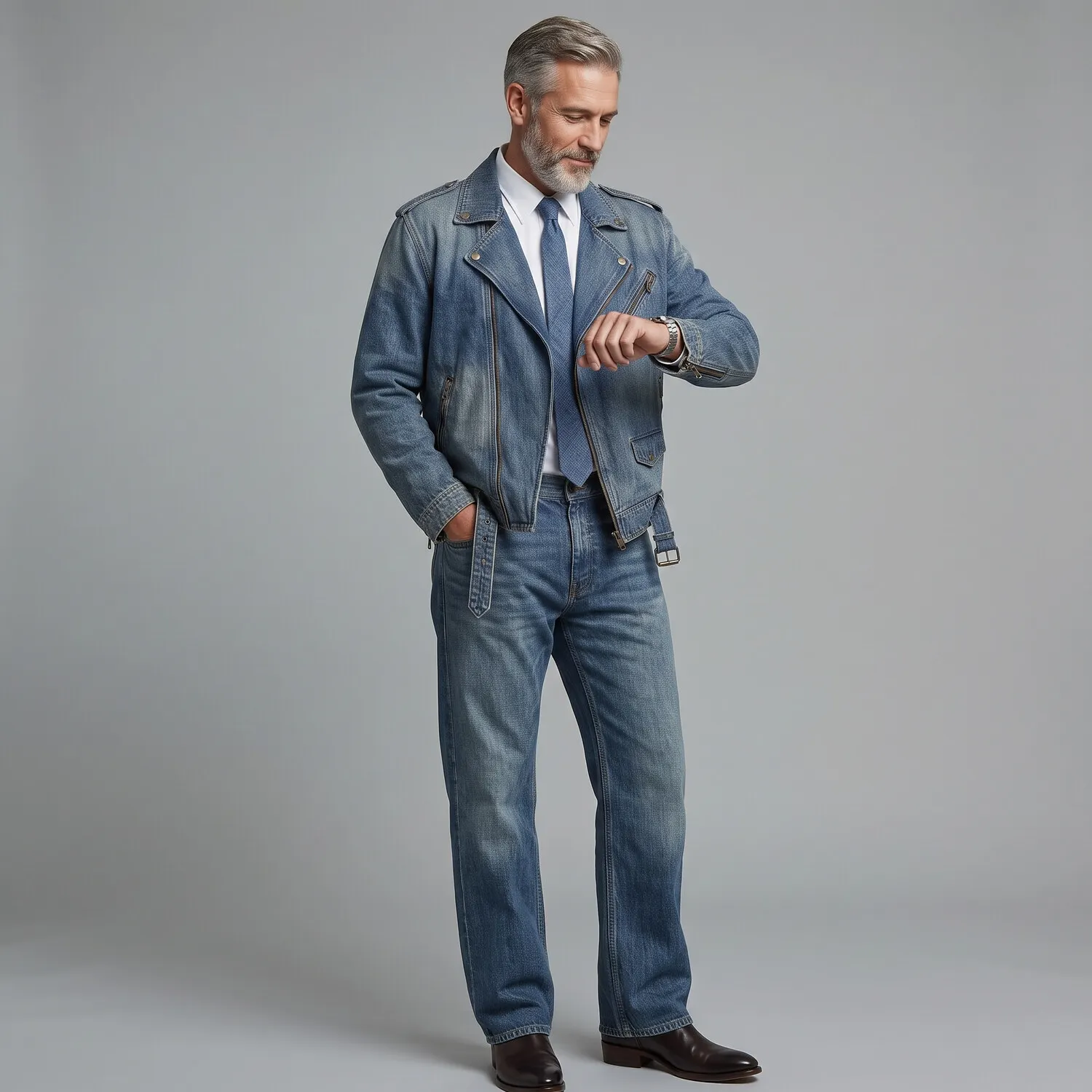 para hombre Blue Notch Lapel Asymmetrical Zipper Multi-Pocket Washed Denim chaqueta