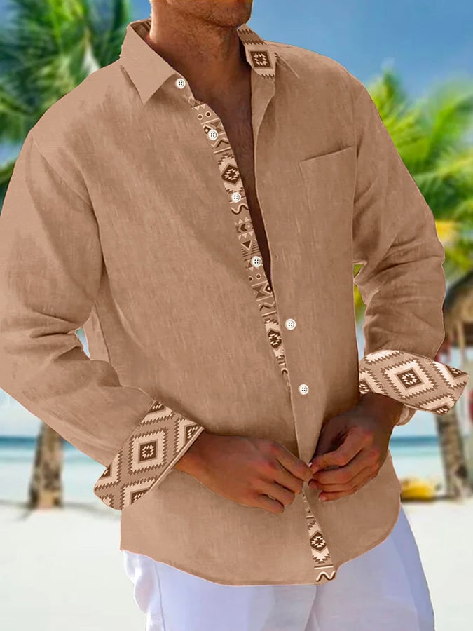 Camisa retro casual Western Geometric estampado de manga larga para hombre