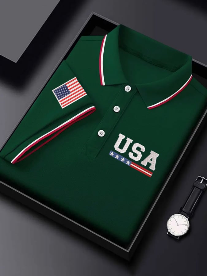 Camisa polo Independence Day Flag estampado casual para hombre