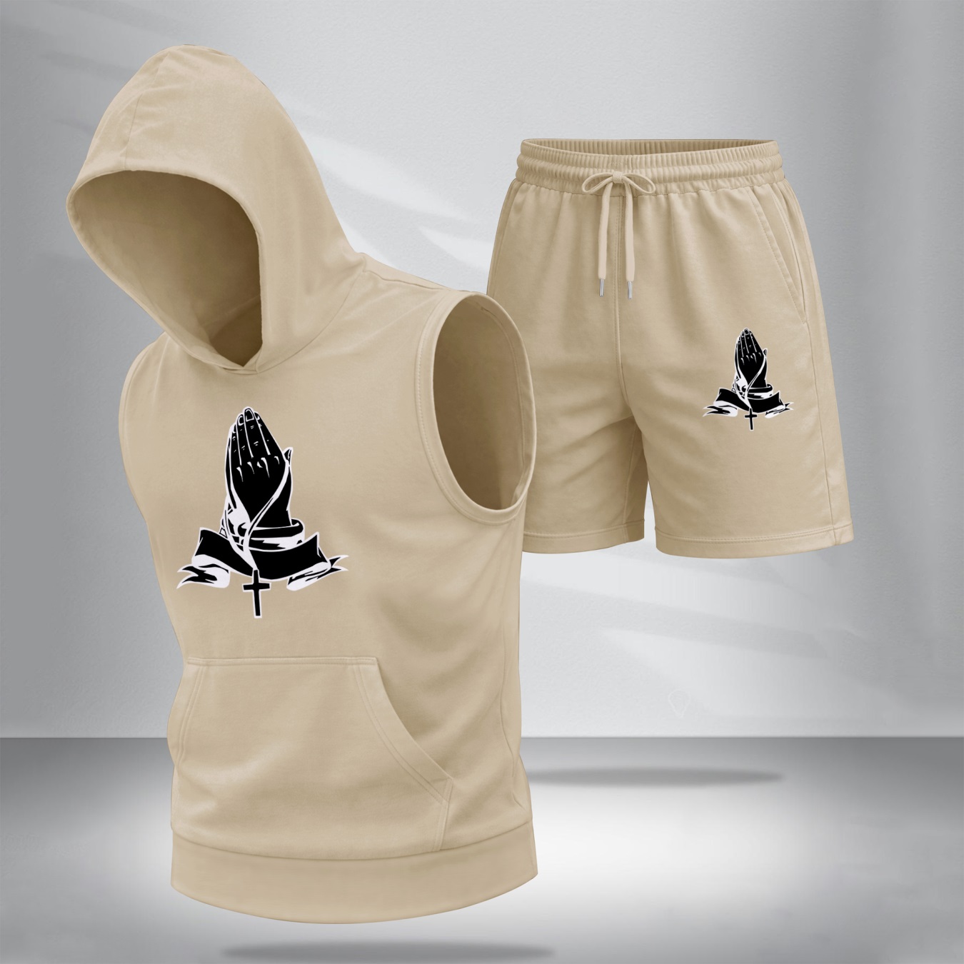 Sudadera con capucha Sleeveless & shorts Set – Praying Hands Graphic, Faith Cross Design, casual Summer Streetwear, Lightweight Comfort Fit, TikTok Hot Trend, Gym & para uso diario Wear para hombre